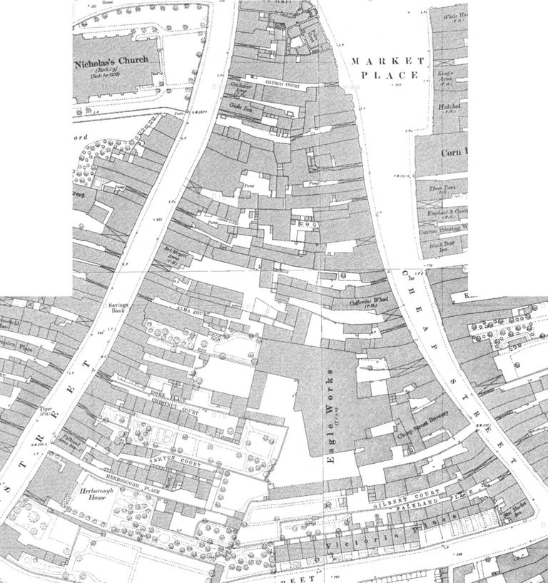 1880’s figure-ground plan – the inspiration for the proposed layout, showing permeability via carriage arches, ginnels and passageways