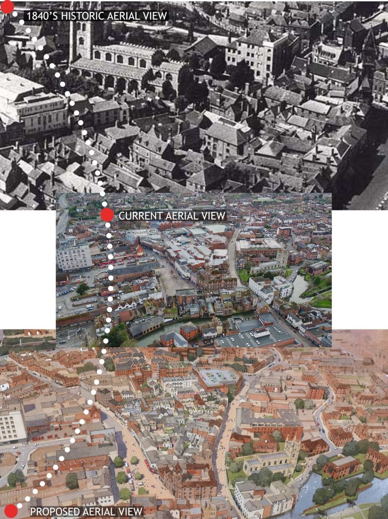 Historical, current and proposed aerial view comparison