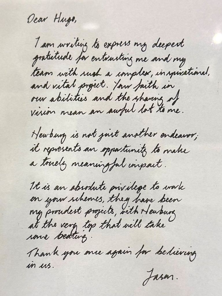 Handwritten commendation letter from Jason Leonard, Director of Woods Hardwick Architect